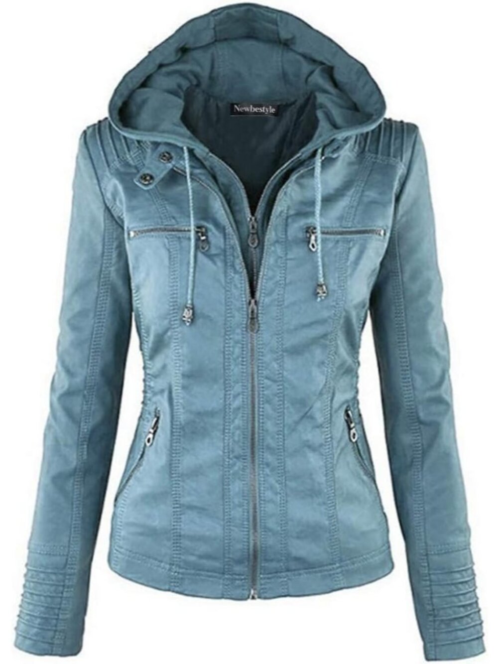 Women's Sky Blue Hooded Faux Leather Long Sleeve Zipper Motorcycle Jacket